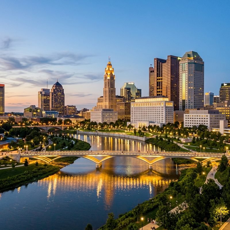 Columbus Ohio riverfront skyline at sunset